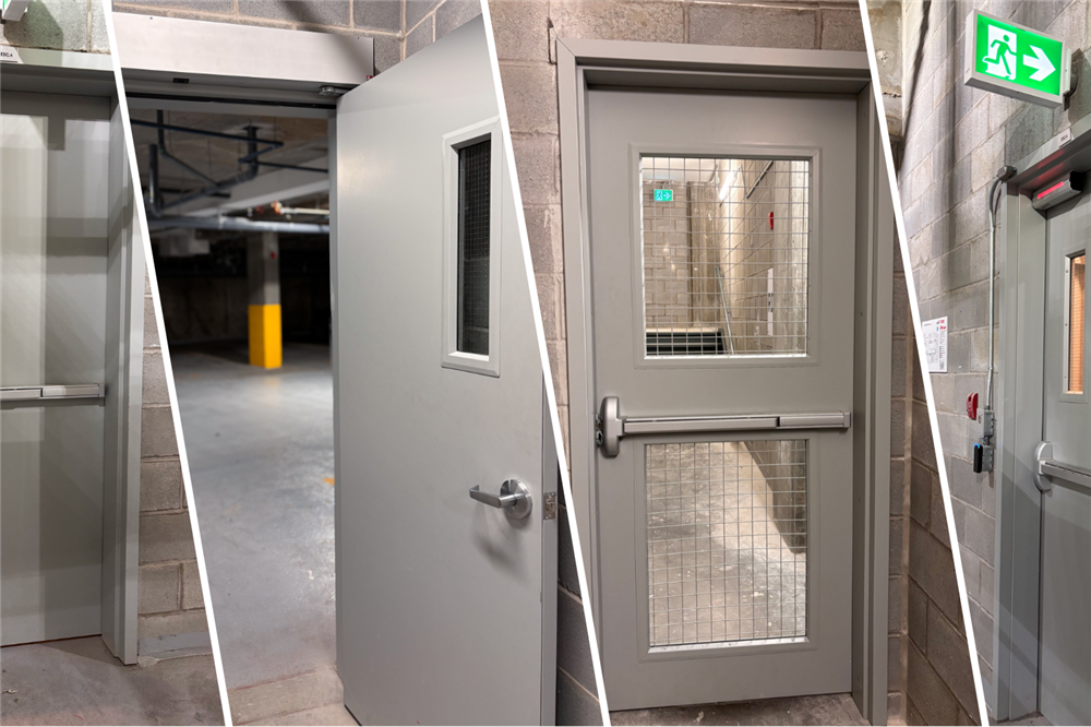 Portes et cadres d’acier commerciaux installés dans un projet de construction multirésidentiel, illustrant les solutions d’ouvertures commerciales, la quincaillerie architecturale et les portes acier commerciales utilisées dans les bâtiments modernes.